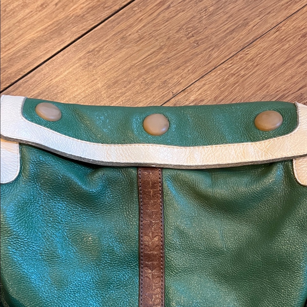 Orla Kiely Leather Retro Shoulder Bag Green Ivory - Picture 6 of 11
